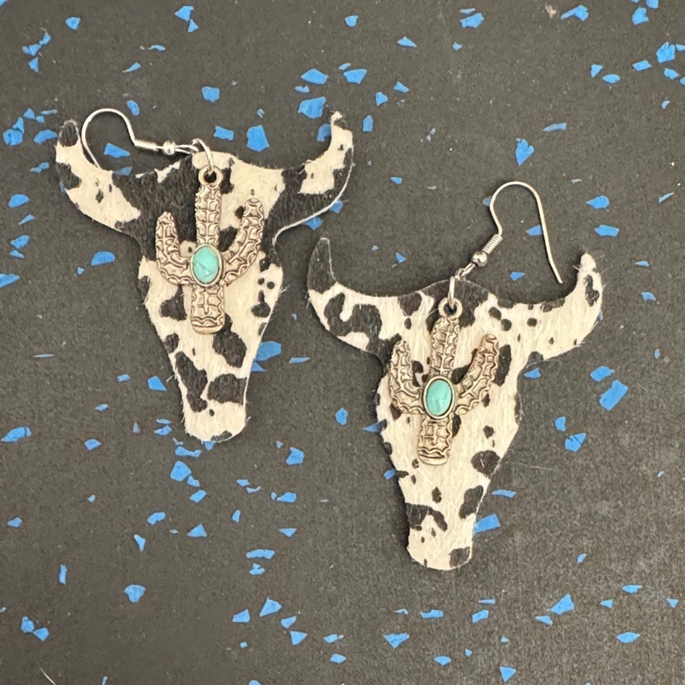 Cow Print Bull Skull Earrings with Turquoise Accent
